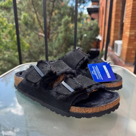 New Birkenstock Arizona Shearling Sandals in Suede Black US 8 / EUR 39 - Picture 1 of 12
